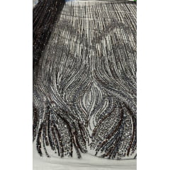 Tule Bordado com Pedrarias Premium Preto Modelo HT97436 - Comprimento 0,55 cm x Largura 1,30 m