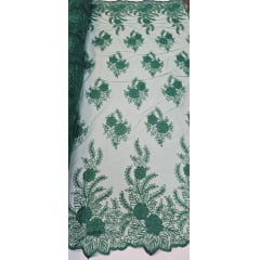 Tule Bordado com Fio Metálico Verde Bandeira 149A - Comprimento 2 m x Largura 1,30 m 