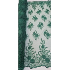 Tule Bordado com Fio Metálico Verde Bandeira 149A - Comprimento 2 m x Largura 1,30 m 