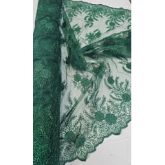 Tule Bordado com Fio Metálico Verde Bandeira 149A - Comprimento 2 m x Largura 1,30 m 