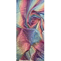 Malha Sereia Colorida com Escamas Douradas CORTE TORTO- Comprimento 1 m x Largura 1,50 m
