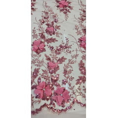 Tule Bordado com Glitter  3D Rosê ST3853 - Comprimento 0,95 cm x Largura 1,40 m