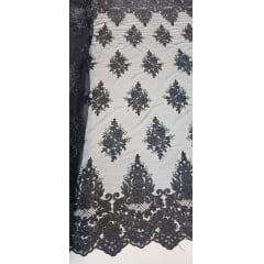 Tule Bordado Europa com Fio Metálico Preto Modelo 1648 - Comprimento 2,20 m x Largura 1,40 m