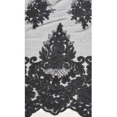 Tule Bordado Europa com Fio Metálico Preto Modelo 1648 - Comprimento 2,20 m x Largura 1,40 m