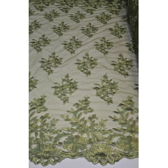 Tule Bordado com Bico Verde Oliva 13   - Comprimento 0,60 cm x largura 1,35 m