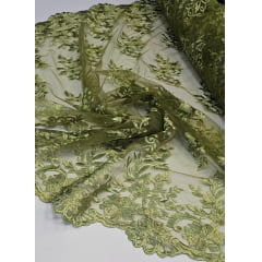 Tule Bordado com Bico Verde Oliva 13   - Comprimento 0,60 cm x largura 1,35 m