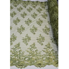 Tule Bordado com Bico Verde Oliva 13   - Comprimento 0,60 cm x largura 1,35 m