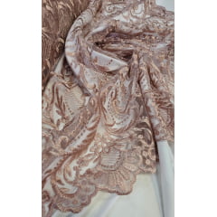 Tule Bordado com Bico Rosê Modelo 1244C - Comprimento 4 m x Largura 1,30 m
