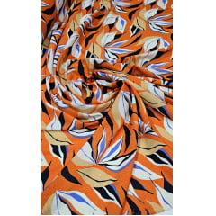 Crepe Haya Estampado ST25 FLORES BRANCA E AZUL FUNDO LARANJA - Comprimento 3 m x Largura1,50 m 