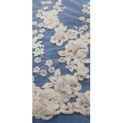 Tule Bordado Bride 3D Branco Modelo 02 - Comprimento 0,90 cm x Largura 1,40 m 