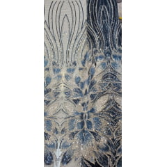 Tule Bordado com Pedrarias Premium Azul com Prata  HT70523 - Comprimento 0,65 cm  x Largura 1,30 m