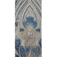 Tule Bordado com Pedrarias Premium Azul com Prata  HT70523 - Comprimento 0,65 cm  x Largura 1,30 m