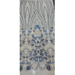 Tule Bordado com Pedrarias Premium Azul com Prata  HT70523 - Comprimento 0,65 cm  x Largura 1,30 m
