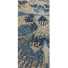 Tule Bordado com Pedrarias Premium Azul com Prata  HT70523 - Comprimento 0,65 cm  x Largura 1,30 m