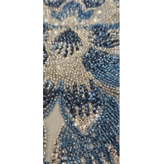Tule Bordado com Pedrarias Premium Azul com Prata  HT70523 - Comprimento 0,65 cm  x Largura 1,30 m