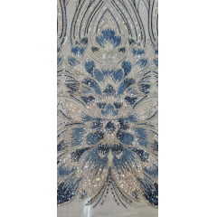 Tule Bordado com Pedrarias Premium Azul com Prata  HT70523 - Comprimento 0,65 cm  x Largura 1,30 m