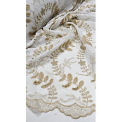 Layse Bordada Premium 3D Bicolor Branco com Kaki - Comprimento 1 m x Largura 1,30 m