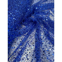 Tule Bordado com Paetês e Pedrarias Azul Royal  - Comprimento 0,55 cm  x Largura 1,30 m 