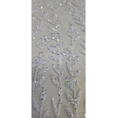 Tule com Glitter Ramos em Alto Relevo Branco - Comprimento 0,50 cm x Largura 1,50 m