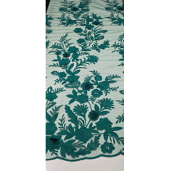 Renda Bordada London 3D Verde Esmeralda Modelo 14 CORTE TORTO - Comprimento 1 m x Largura 1,30 m