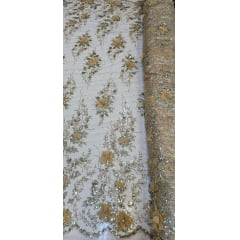Tule Bordado com Glitter  3D Dourado ST3853   - Comprimento 0,90 cm x Largura 1,40 m