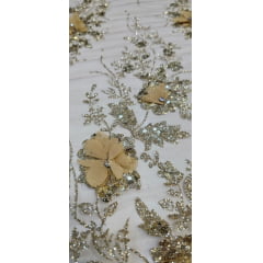 Tule Bordado com Glitter  3D Dourado ST3853   - Comprimento 0,90 cm x Largura 1,40 m