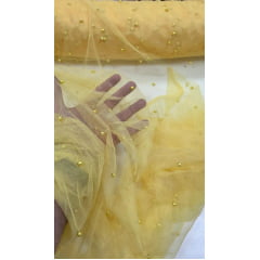 Tule com Pérolas Amarelo Ouro COM FURO - Comprimento 1 m x Largura 1,60 m