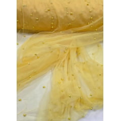 Tule com Pérolas Amarelo Ouro COM FURO - Comprimento 1 m x Largura 1,60 m