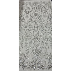 Tule Bordado com Pedrarias Prata 4079   - Comprimento  0,90 cm x Largura 1,30 m
