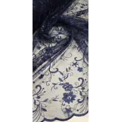 Tule Bordado com Pérolas e Glitter Turim Azul Marinho Modelo 03 - Comprimento 0,70 cm x Largura 1,30 m Tule Bordado com Pérolas e Glitter Turim Azul Marinho Modelo 03 - Comprimento 0,70 cm x Largura 1,30 m