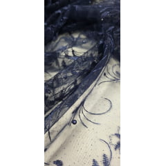 Tule Bordado com Pérolas e Glitter Turim Azul Marinho Modelo 03 - Comprimento 0,70 cm x Largura 1,30 m