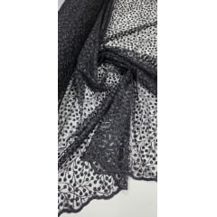 Tule Bordado Nice Mini Flores Preto - Comprimento 1,40 m x Largura 1,30 m