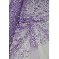 Tule Bordado Arabescos com Bico Lilás ST500   - Comprimento 0,50 cm x Largura 1,30 m