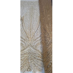 Tule Bordado com Pedrarias Premium Dourado Modelo 942 - Comprimento 0,80 cm x Largura 1,30 m