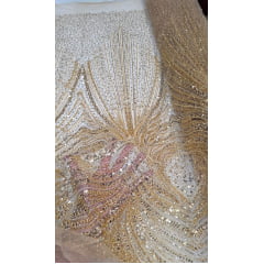 Tule Bordado com Pedrarias Premium Dourado Modelo 942 - Comprimento 0,80 cm x Largura 1,30 m
