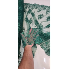 Tule Bordado com Bico Verde Floresta LS2321D15 - Comprimento 2 m x Largura 1,35 m