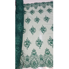 Tule Bordado com Bico Verde Floresta LS2321D15 - Comprimento 2 m x Largura 1,35 m
