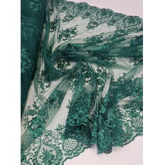 Tule Bordado com Bico Verde Floresta LS2321D15 - Comprimento 2 m x Largura 1,35 m