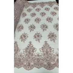 Tule Bordado com Pedrarias Rosê  I16  - Comprimento 0,60 cm x Largura 1,30 m