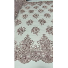 Tule Bordado com Pedrarias Rosê  I16  - Comprimento 0,60 cm x Largura 1,30 m