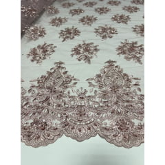 Tule Bordado com Pedrarias Rosê  I16  - Comprimento 0,60 cm x Largura 1,30 m
