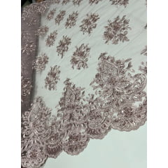 Tule Bordado com Pedrarias Rosê  I16  - Comprimento 0,60 cm x Largura 1,30 m