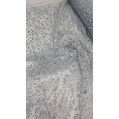 Tule com Glitter Ramos em Alto Relevo Prata - Comprimento 1 m x Largura 1,50 m