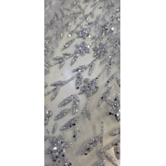Tule com Glitter Ramos em Alto Relevo Prata - Comprimento 1 m x Largura 1,50 m