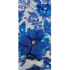 Tule Bordado com Glitter  3D Azul Royal ST3853   - Comprimento 0,60 cm x Largura 1,40 m