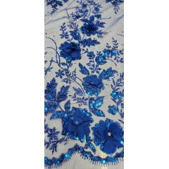 Tule Bordado com Glitter  3D Azul Royal ST3853   - Comprimento 0,60 cm x Largura 1,40 m