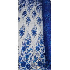Tule Bordado com Glitter  3D Azul Royal ST3853   - Comprimento 0,60 cm x Largura 1,40 m