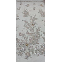 Tule Bordado com Pedrarias Premium Salmão com Rosê  Multicolor 3D  Modelo W1F2758   - Comprimento 0,75 cm x Largura 1,30 m