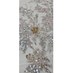 Tule Bordado com Pedrarias Premium Salmão com Rosê  Multicolor 3D  Modelo W1F2758   - Comprimento 0,75 cm x Largura 1,30 m