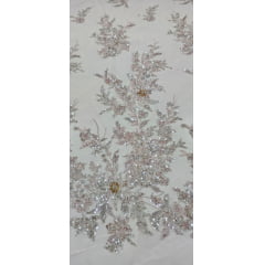 Tule Bordado com Pedrarias Premium Salmão com Rosê  Multicolor 3D  Modelo W1F2758   - Comprimento 0,75 cm x Largura 1,30 m